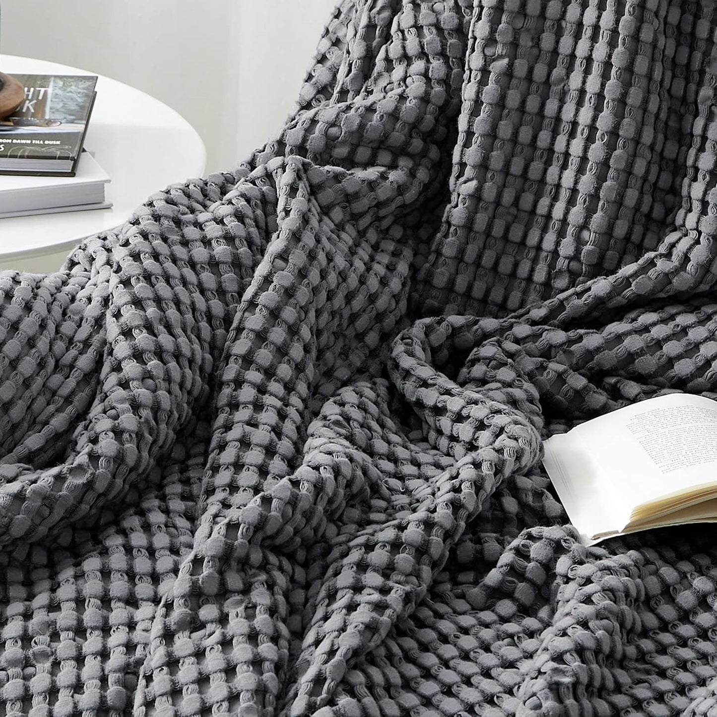 Bedsure Cooling Cotton Waffle Weave Blanket - Lightweight Breathable Blanket of Rayon Derived from Bamboo for Hot Sleepers, Luxury Throws for Bed, Couch and Sofa, Dark Grey, 50x70 Inches