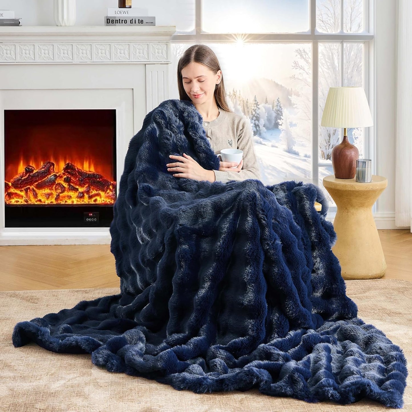 Luxury Faux Rabbit Fur Throw Blanket, Soft Bubble Fluffy Blanket Cozy Fuzzy Throw Blankets for Bed Sofa Couch, Decorative Thick Warm Plush Fuzzy Elegant Soft Mink Blanket (50" x 60", Blue)