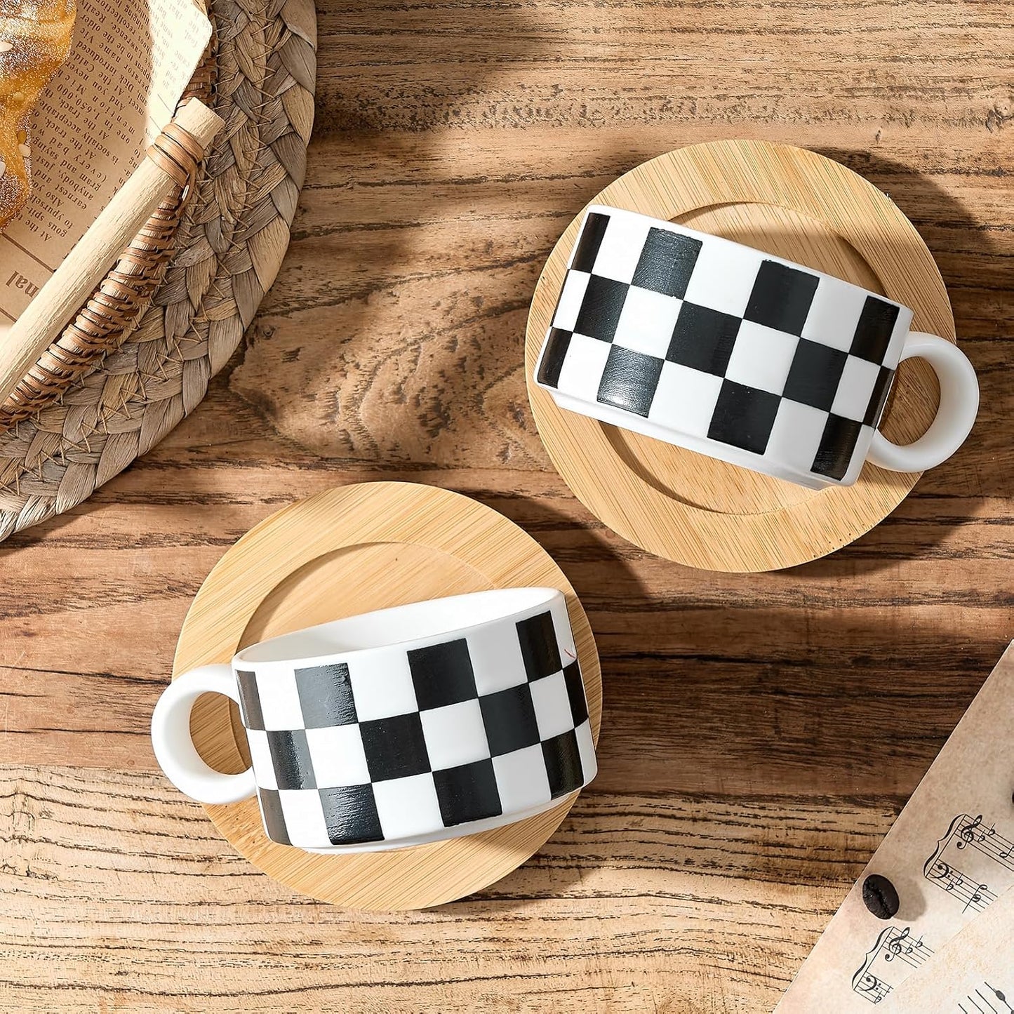 LUKA 6 Ounce Ceramic Stackable Black and White Checkered Espresso Cups with Saucers and Metal Stand Set of 4, Cappuccino Cups Set for Coffee Drinks, Latte, Cafe Mocha and Tea, White Interior