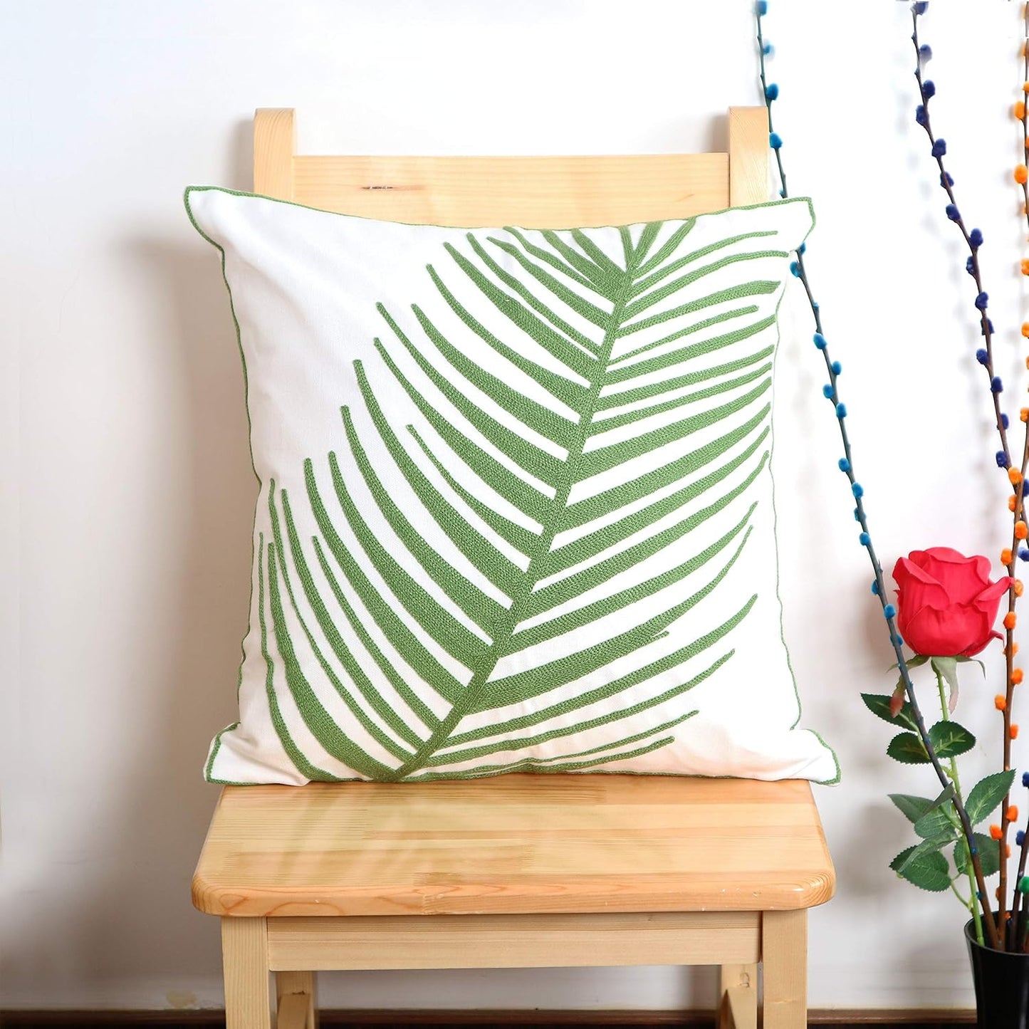 Embroidery Throw Pillow Cover 18x18 Decor Tropical Leaves Floor Pillow Cover for Couch Chair Bed Room 100% Cotton Cushion Cover 45x45cm Pillowcase, Green Leaf Plant Embroidered, Pack of 4