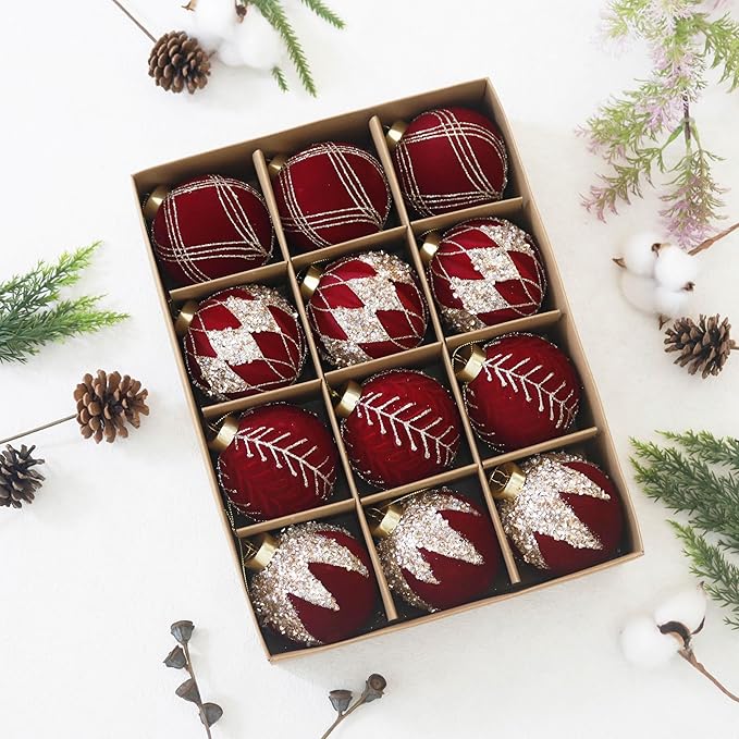 3.15INCH Burgundy Velvet Ornaments for Christmas Tree, 12PCS Glitter Flocked Christmas Ornaments Decorations Balls Set Decor