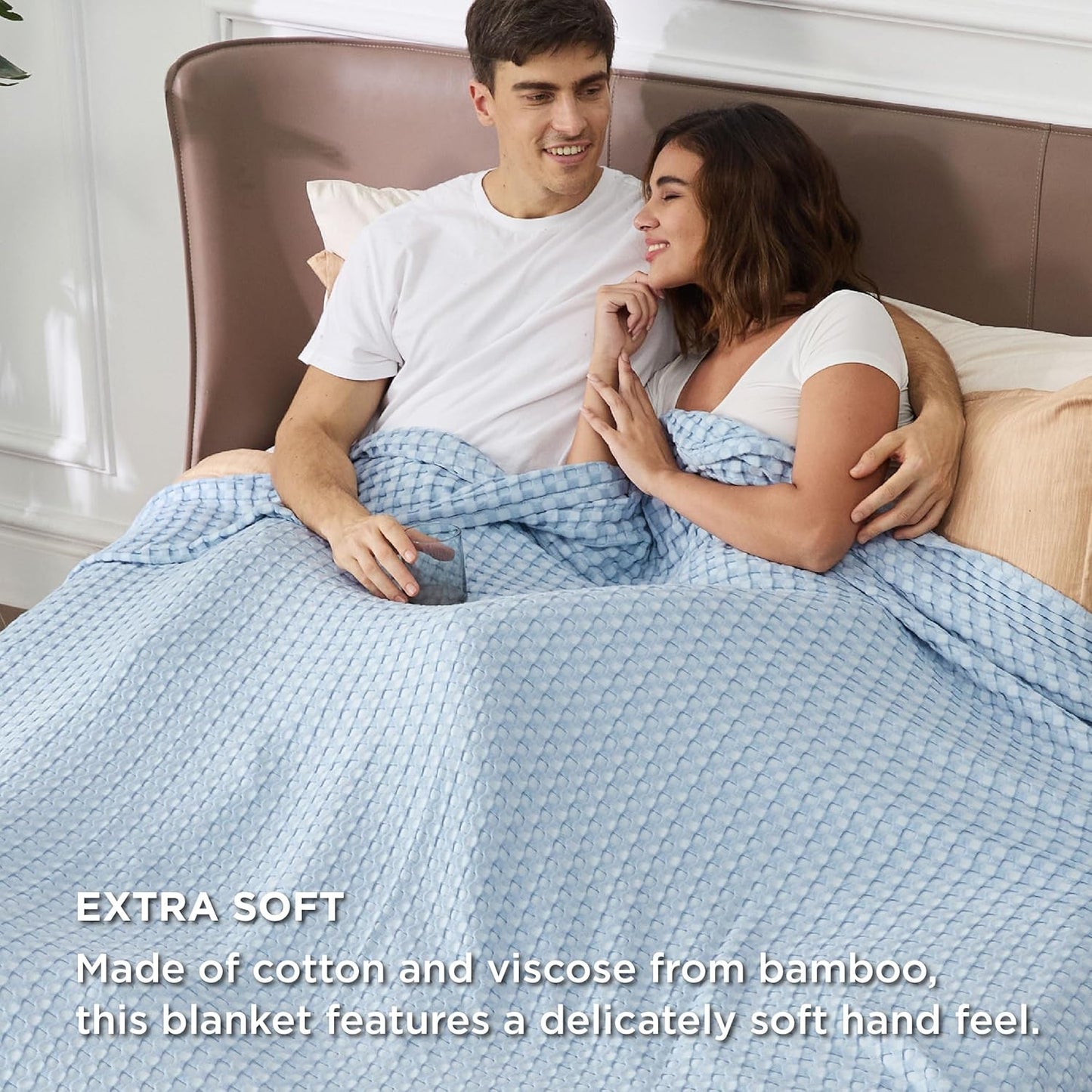 Bedsure Cooling Cotton Waffle Oversized King Blanket - Lightweight Breathable Rayon Derived from Bamboo for Hot Sleepers, Luxury Throws for Bed and Sofa, Blue, 120x96 Inches