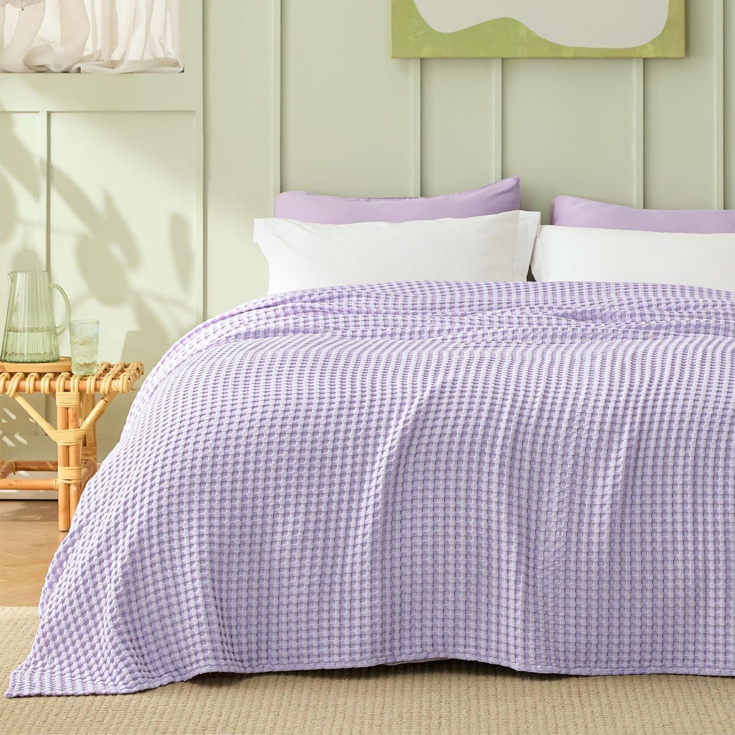 Bedsure Cooling Cotton Waffle Queen Size Blanket - Lightweight Breathable Blanket of Rayon Derived from Bamboo for Hot Sleepers,Light Purple, 90x90 Inches