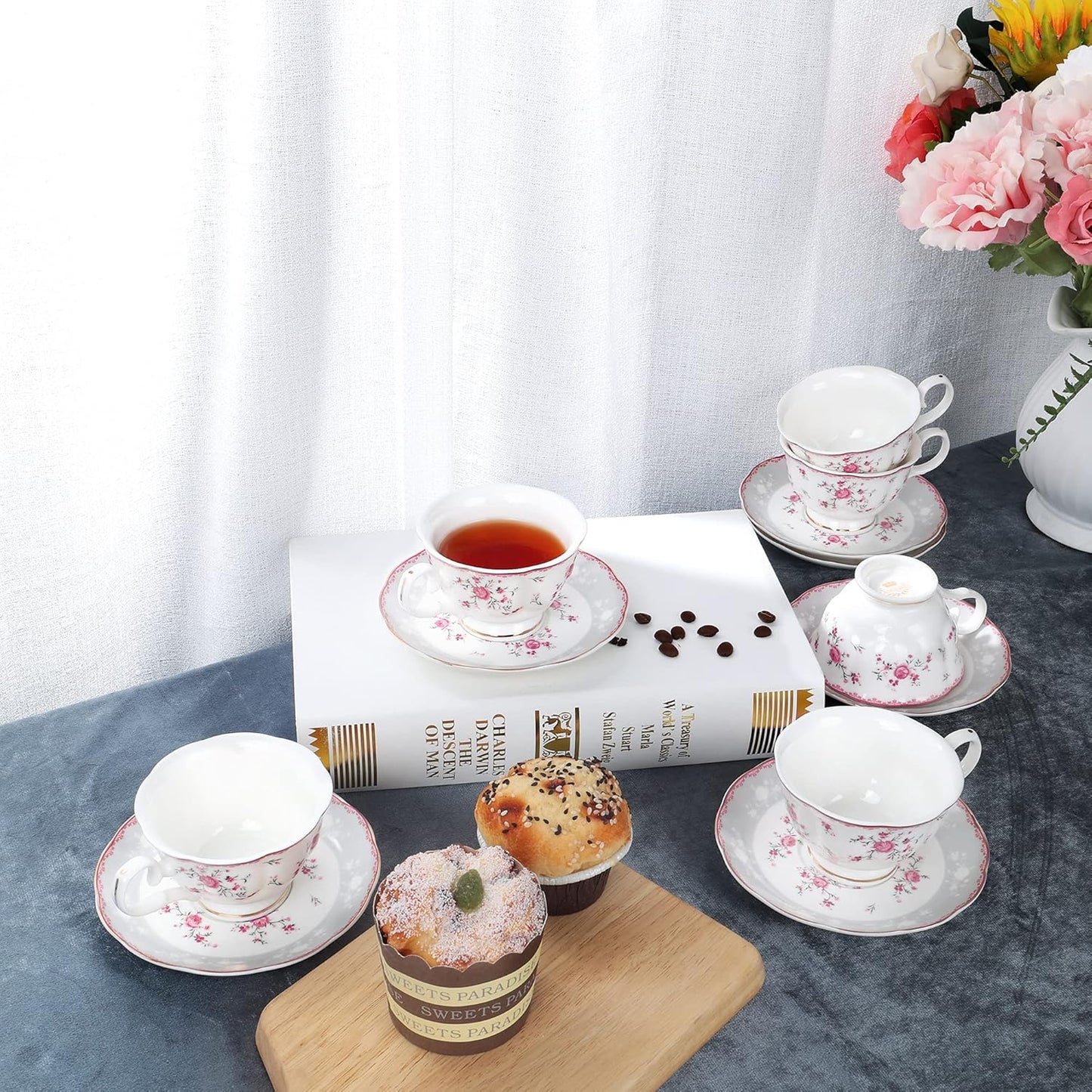 fanquare Pink Rose Tea Cup and Saucer Set for 6, British Vintage Afternoon Cup Set, Porcelain Coffee Cup with Gold Border, 5 oz