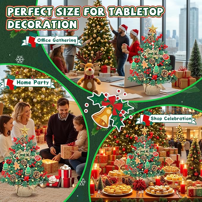 2FT Tabletop Mini Christmas Tree, 24 Inch Small Artificial Christmas Tree with Warm LED Lights, Star Treetop, DIY Ornaments, New Xmas Pine Tree Decoration for Kid Friend Family Holiday Home Office