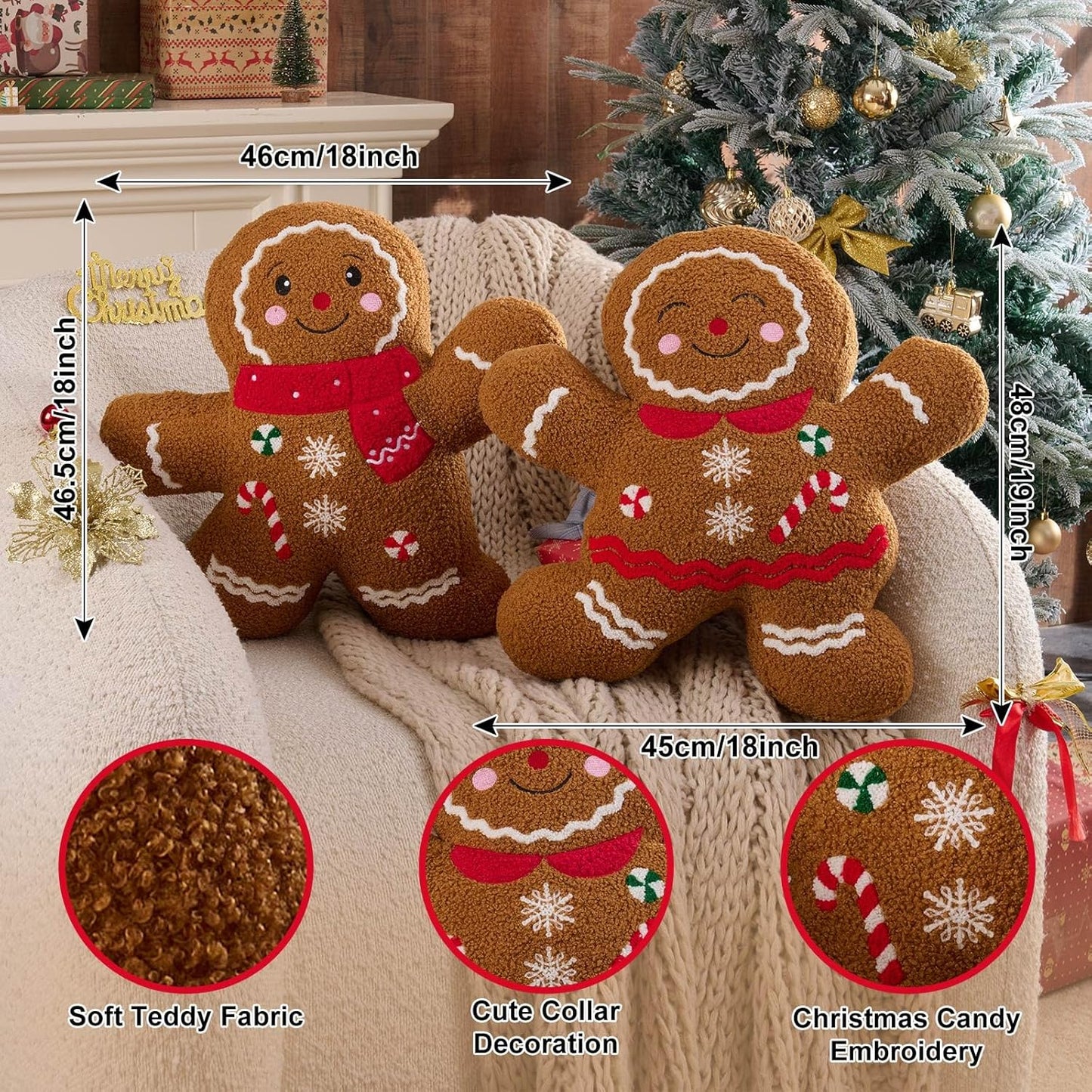 Lanpn Christmas Gingerbread Man Pillows Set of 2, Christmas Decoration Winter Throw Pillows Soft Fleece Sherpa Cute 3D Shaped Ginger Bread Man Girl Boy Throw Cushion for Sofa Bedroom Xmas Decor