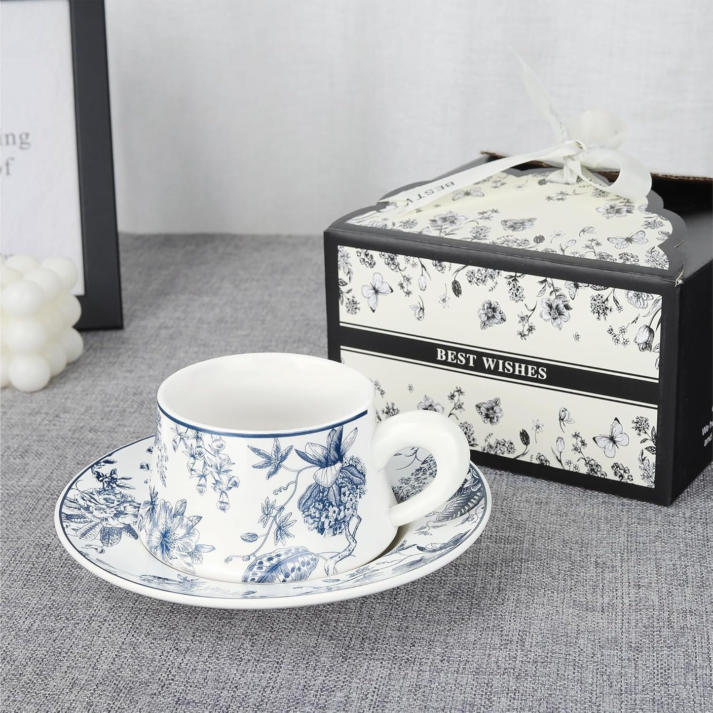 fanquare 8.5oz Blue Floral Coffee Mug, Large Tea Cup with Saucer Porcelain Tea Cups with Thick Handle for Home Office Party, Ceramic Drinking Cups