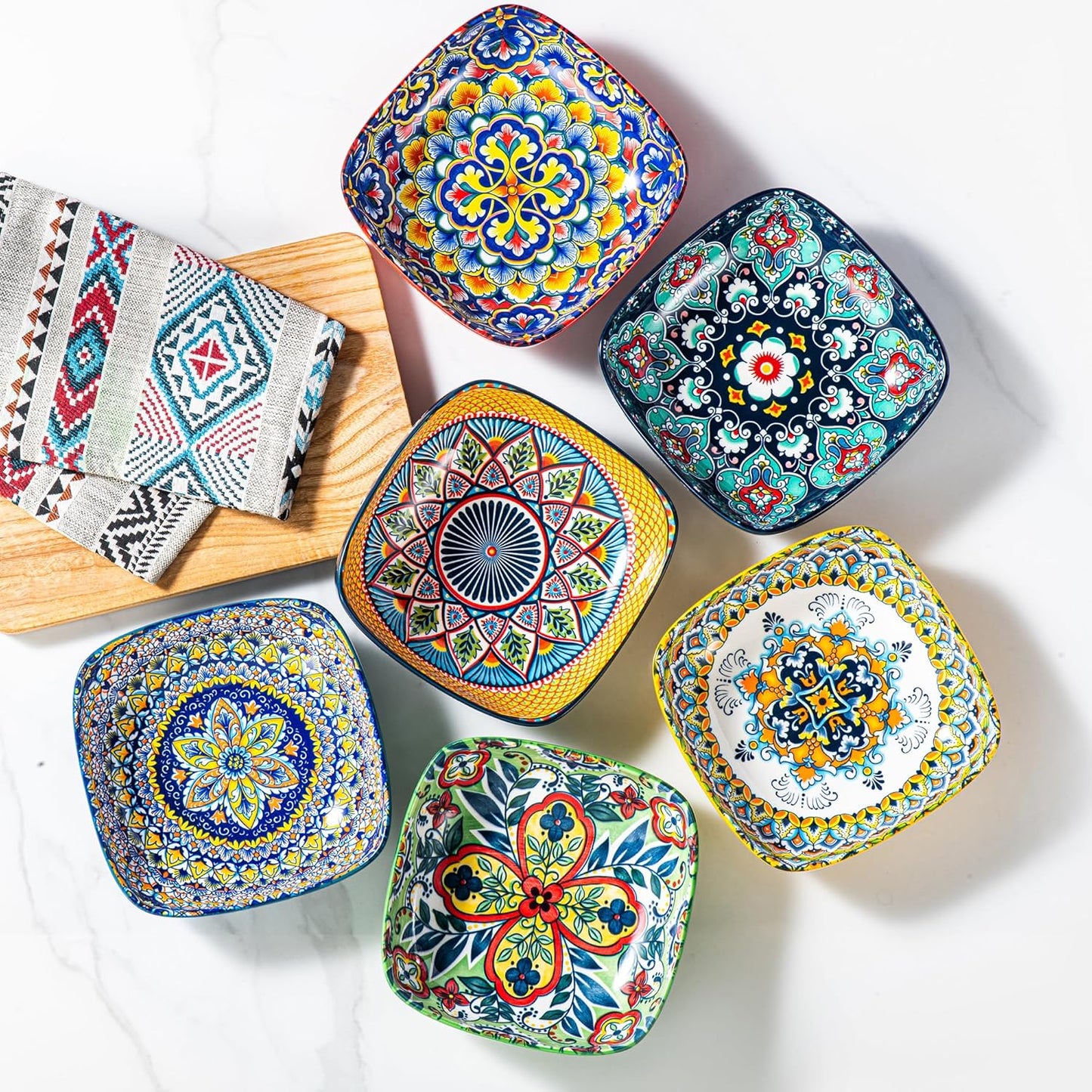 HENXFEN LEAD Boho Ceramic Square Bowls – 20 oz Colorful Bowls for Snacks, Dessert, Side Dishes, Pasta - 6 Inches Appetizer Plates Set of 6, Microwave & Dishwasher Safe