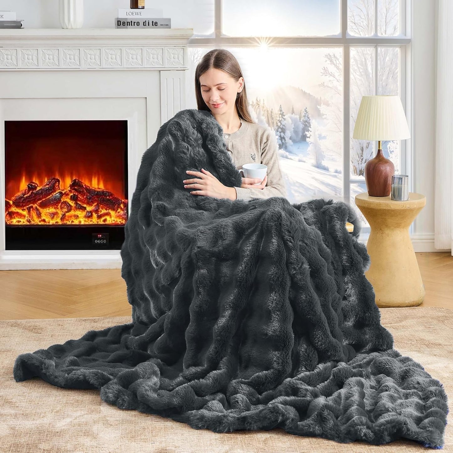 Luxury Faux Rabbit Fur Throw Blanket, Soft Bubble Fluffy Blanket Cozy Fuzzy Throw Blankets for Bed Sofa Couch, Decorative Thick Warm Plush Fuzzy Elegant Soft Mink Blanket (60" x 80", Grey)