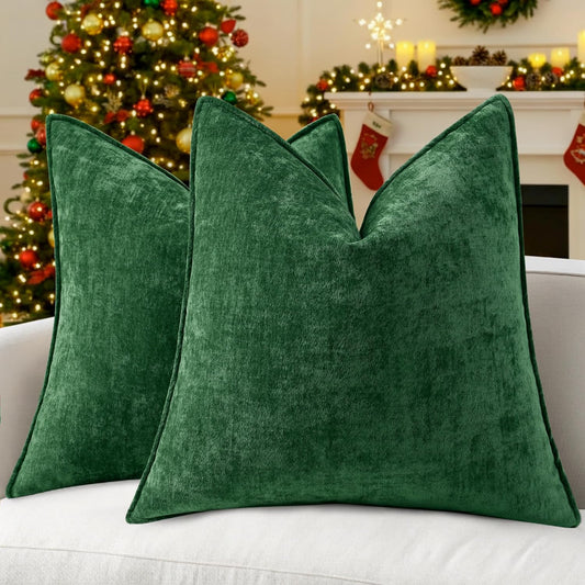 decorUhome Christmas Couch Throw Pillow Covers 20x20 Set of 2, Decorative Soft Euro Neutral Chenille Pillow Covers with Elegant Design for Sofa Bed Living Room Home Decor, Green