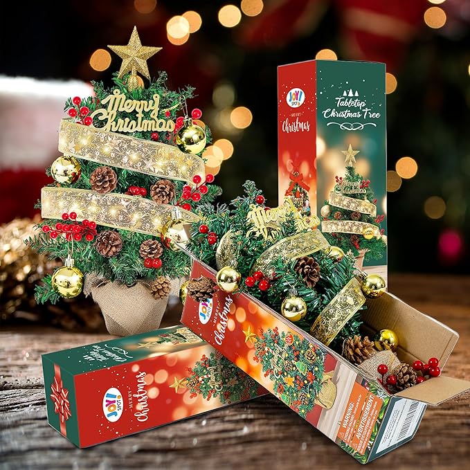 2FT Tabletop Mini Christmas Tree, 24 Inch Small Artificial Christmas Tree with Silk Ribbon Light, Star Treetop, DIY Ornaments, New Xmas Pine Tree Decoration for Kid Friend Family Holiday Home Office