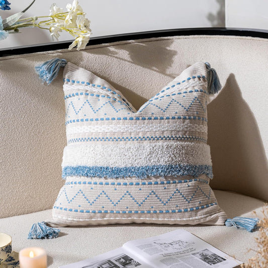 BlissBlush Blue Decorative Throw Pillow Cover 18x18 Square Boho Neutral White Accent Pillowcase Tassels Farmhouse Cushion for Couch Sofa Bedroom Living Room Home Décor (Cover ONLY, Pack of 1)