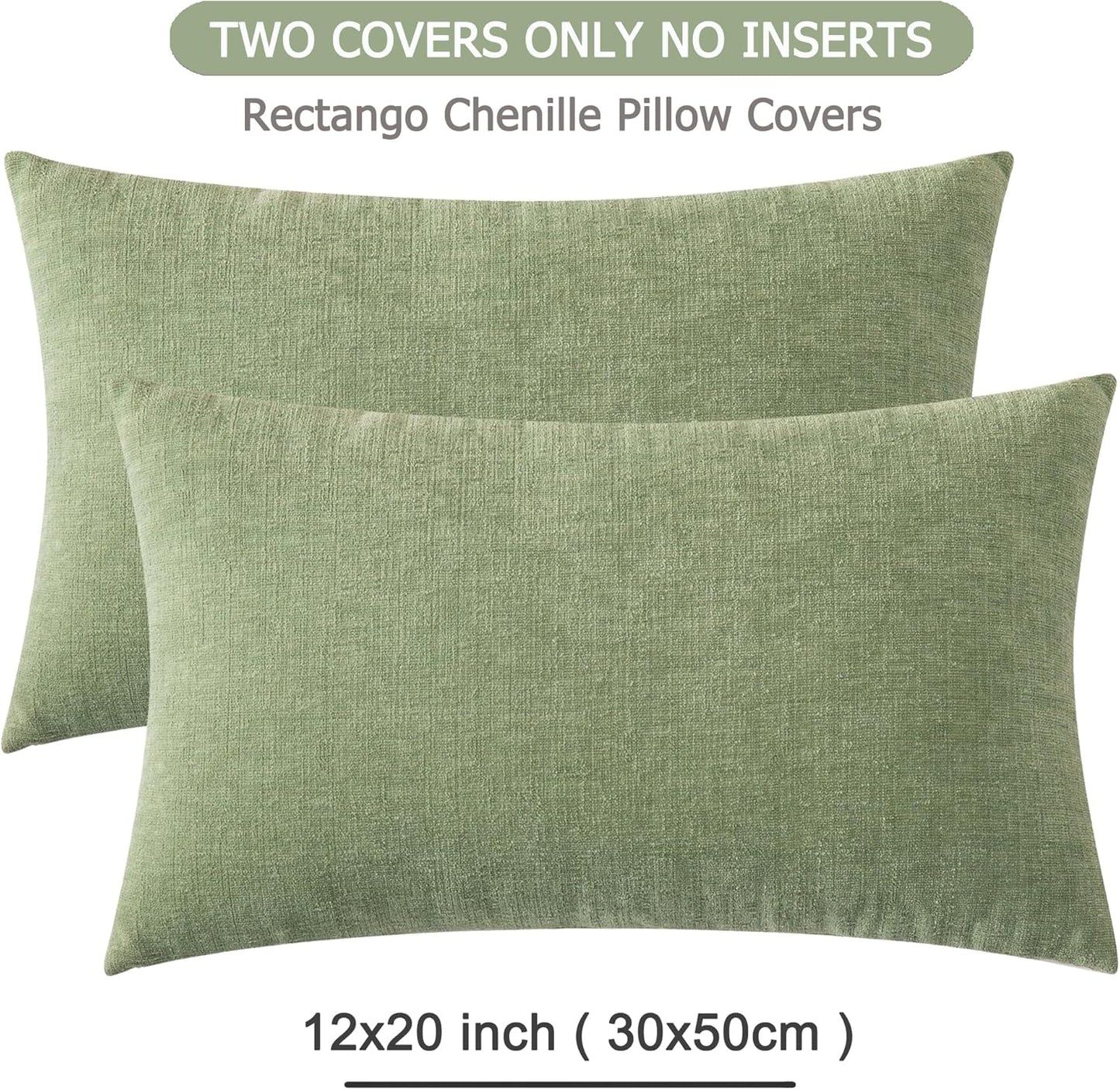 GAWAMAY Lumbar Decorative Rectangle Throw Pillow Covers 12"x20" Inch Set of 2, Super Soft Chenille Throw Pillowcase for Sofa Living Room Bedroom Couch Cushion Cover Sage Green 30x50cm (ONLY Covers)