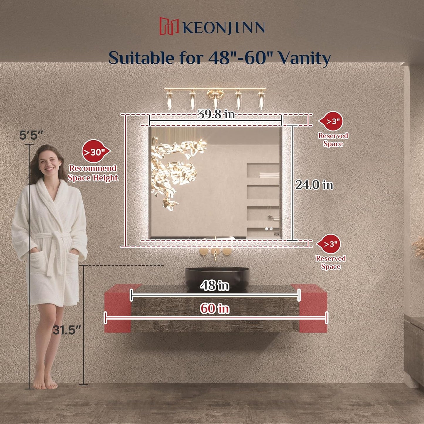 Keonjinn 40 x 24 Inch Backlit LED Mirror for Bathroom, Beveled Frameless Mirror with Backlight, Safe Tempered Glass, UL-Listed LED Driver, 3 Color Lights, Defogging, Decorative(Horizontal/Vertical)