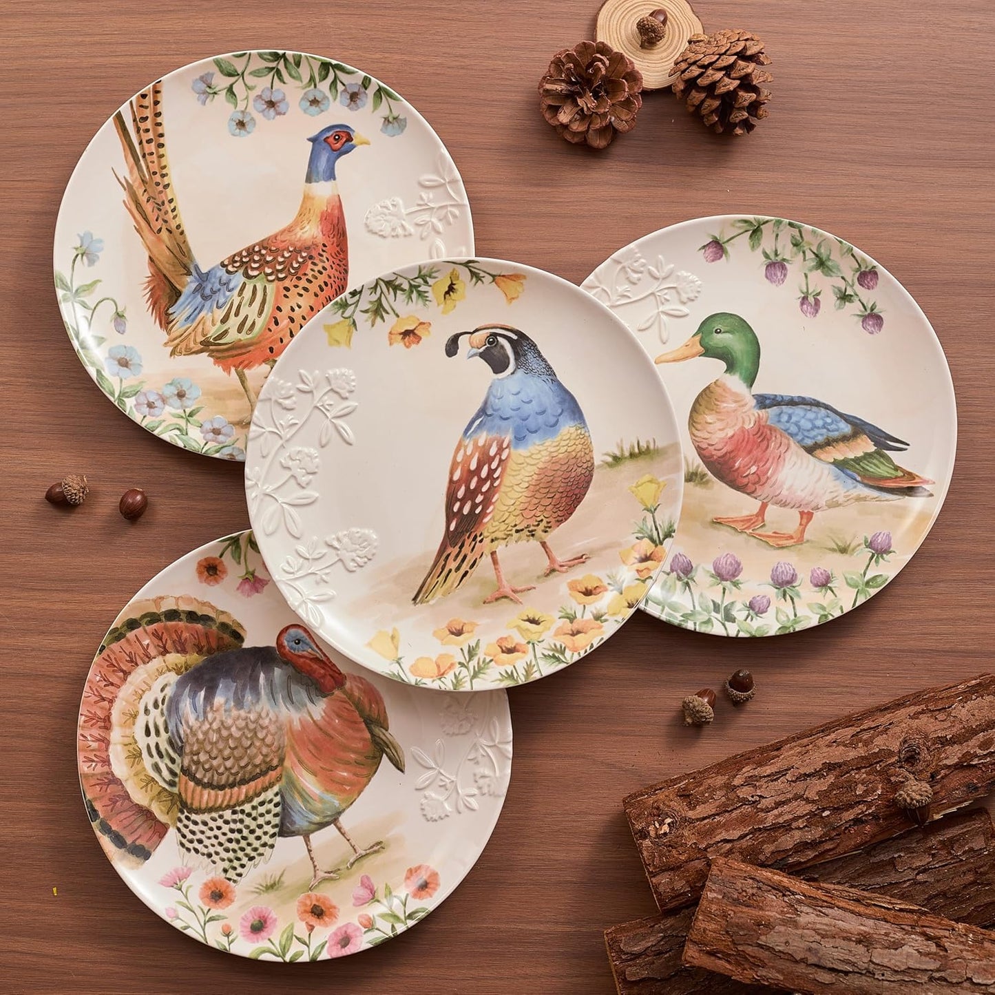 Bico Autumn Birds Salad Plates Set of 4, 8.75 Inch Ceramic Dessert Plates for Salad, Appetizer, Side Dishes, Microwave and Dishwasher Safe, Gift for Housewarming and Thanksgiving
