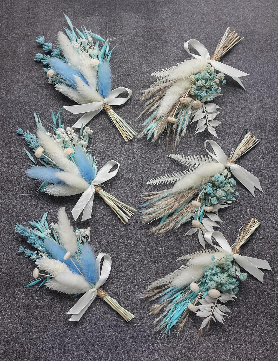 Mini Dried Flower Bouquet Set (6 pcs), Small Blue Bouquet, Boho Wedding Dinner Plate Decoration, Groom's and Best man's Boutonnieres, Bridesmaid Flower Girl Proposal Gift Box, Card Decoration. (Blue)
