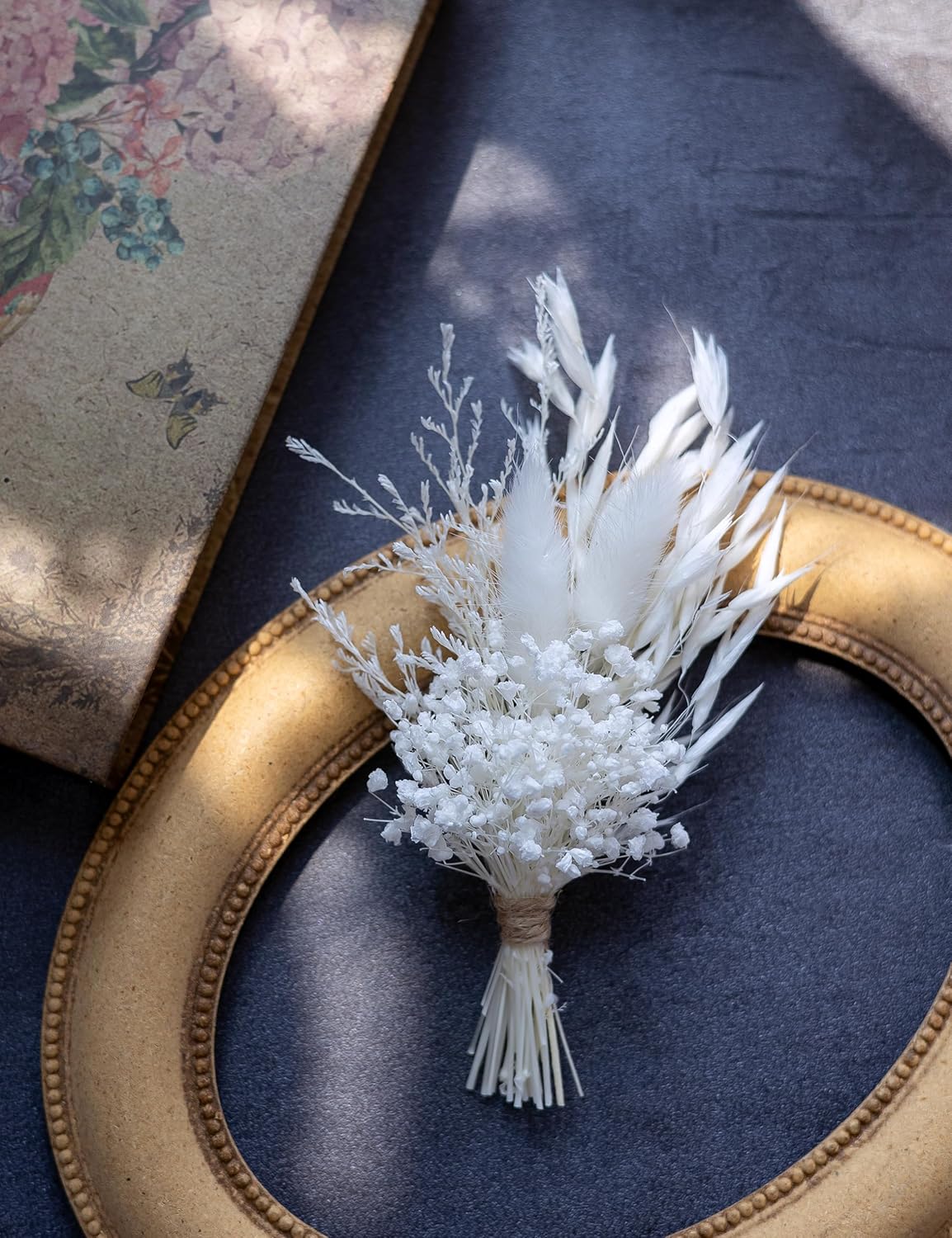 Mini Dried Flower Bouquet (Pack of 6), Groom and Best Man Corsages, Pampas, Small Bouquets.(Pure White)