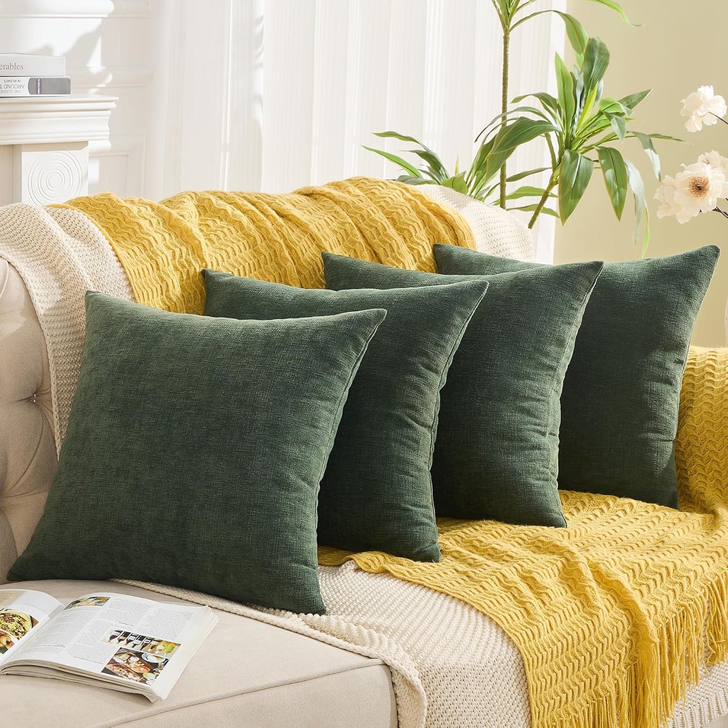 GAWAMAY Decorative Square Throw Pillow Covers 18"x18" Inch Set of 4, Super Soft Chenille Pillows Cover Pillowcase for Living Room Bedroom Sofa Couch Cushion Cover Dark Green 45x45cm (No Insert)