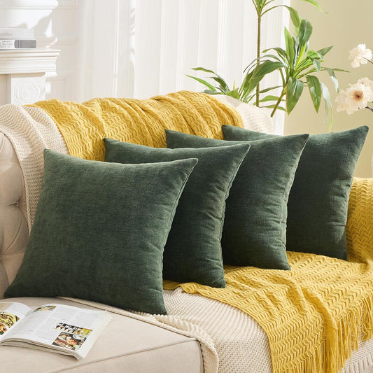 GAWAMAY Decorative Square Throw Pillow Covers 18"x18" Inch Set of 4, Super Soft Chenille Pillows Cover Pillowcase for Living Room Bedroom Sofa Couch Cushion Cover Dark Green 45x45cm (No Insert)