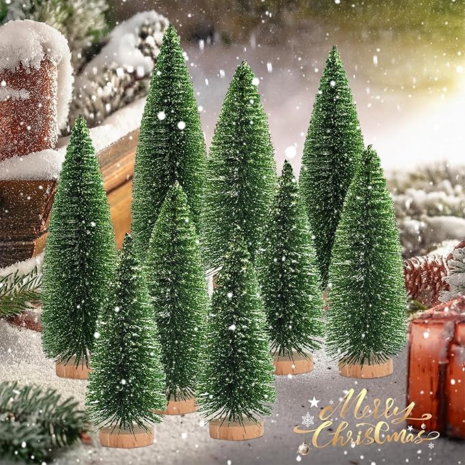 12 Pcs Mini Christmas Tree, Tabletop Christmas Tree with Wooden Bases Artificial Mini Tree with 3 Sizes Christmas Table Decor Bottle Brush Trees for Christmas Decorations (Green Glitter)