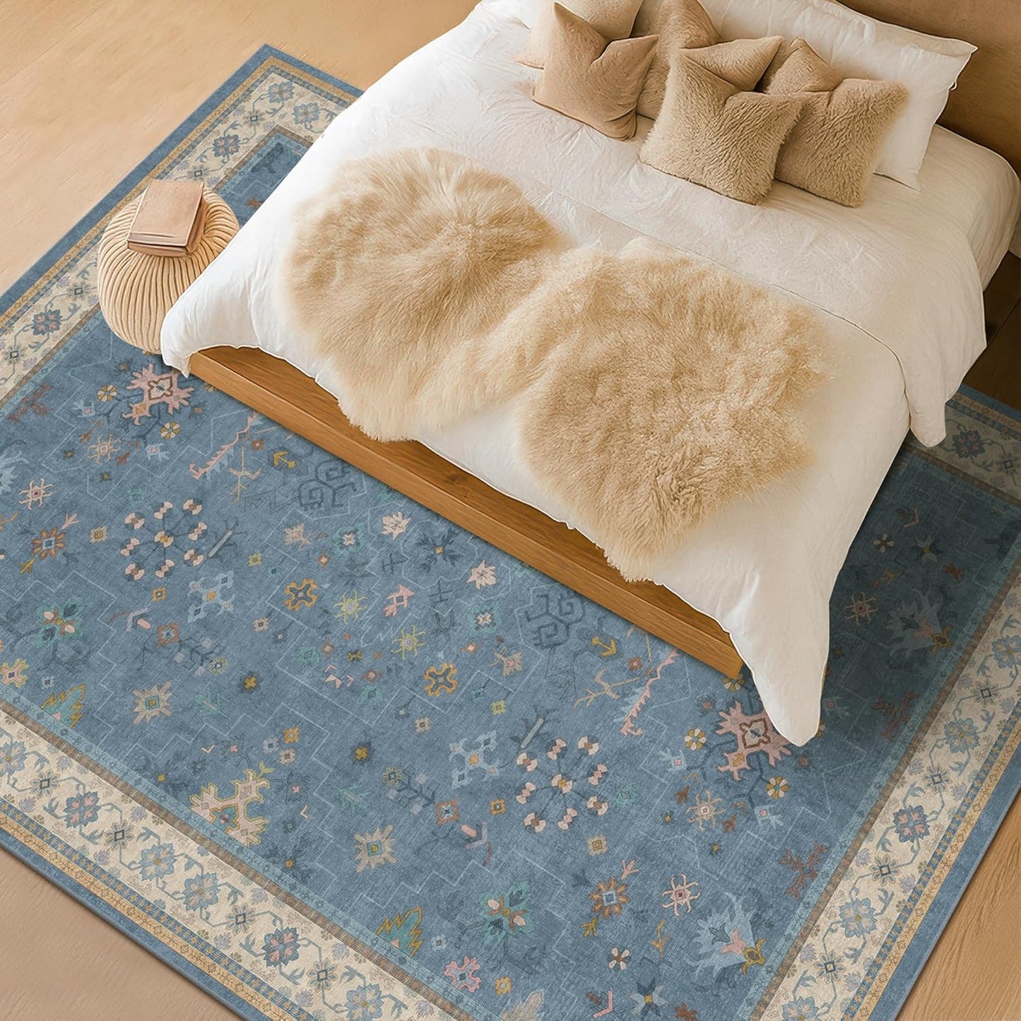 Blue Big Rugs for Living Room - Dusty Blue 10 x 14 Area Rug for Large Bedroom, Dining Room, Washable Lightweight Low Pile Foldable Eclectic Modern Floral Home Décor