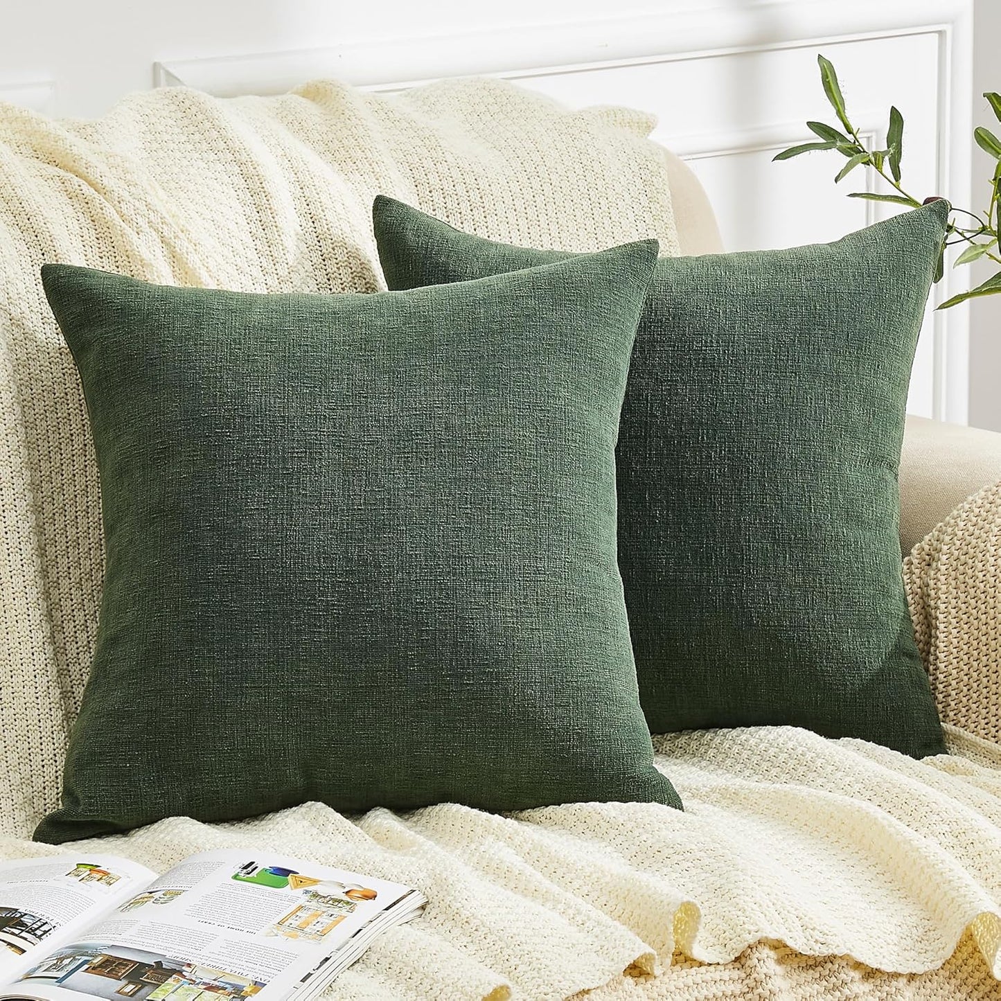 GAWAMAY Decorative Square Throw Pillow Covers 18"x18" Inch Set of 2, Super Soft Chenille Pillows Cover Pillowcase for Living Room Bedroom Sofa Couch Cushion Cover Dark Green 45x45cm (No Insert)