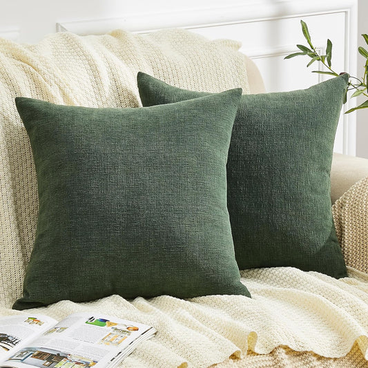 GAWAMAY Decorative Square Throw Pillow Covers 20"x20" Inch Set of 2, Super Soft Chenille Pillows Farmhouse Pillowcase for Living Room Bedroom Sofa Couch Cushion Cover Dark Green 50x50cm (No Insert)