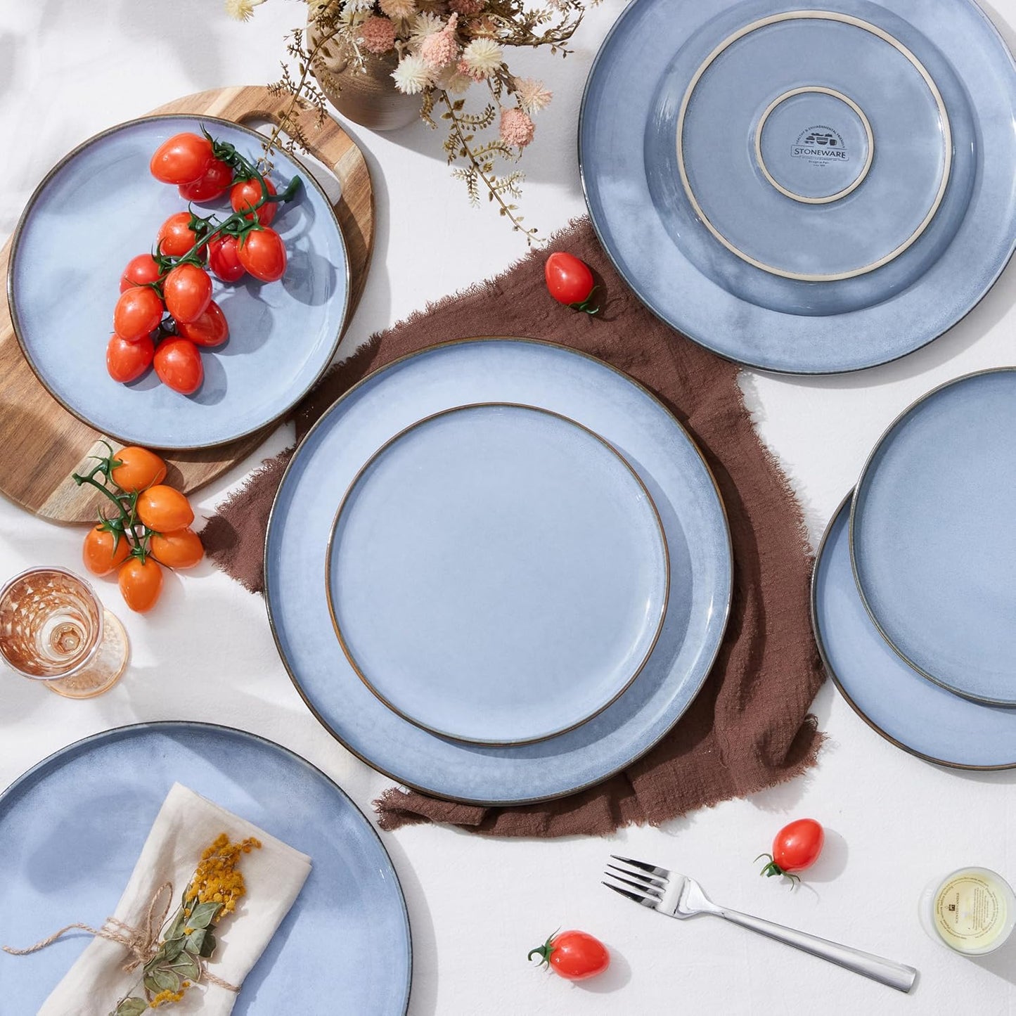 Herogo 4-Piece Stoneware Dinner Plates Set, 10.43" Ceramic Round Plate Set, Handmade Double Reactive Glaze Dinnerware Plates for Kitchen, Microwave, Oven and Dishwasher Safe, Haze Blue