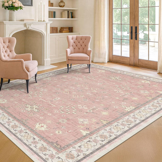 Light Pink Rugs for Girls Bedroom - Cute Floral Area Rug 5x8 for Nursery, Kids Playroom, Machine Washable Non Slip, Vintage Low Pile Stain Resistant Carpet for Living Room, Dorm