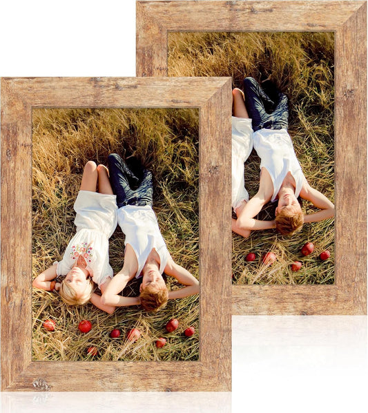 iRahmen 6x9 Picture Frame Set of 2, Rustic Brown Frame with High Definition Glass, 6 x 9 Wood Rustic Photo Frames for Horizontal or Vertical Table Top and Wall Mounting