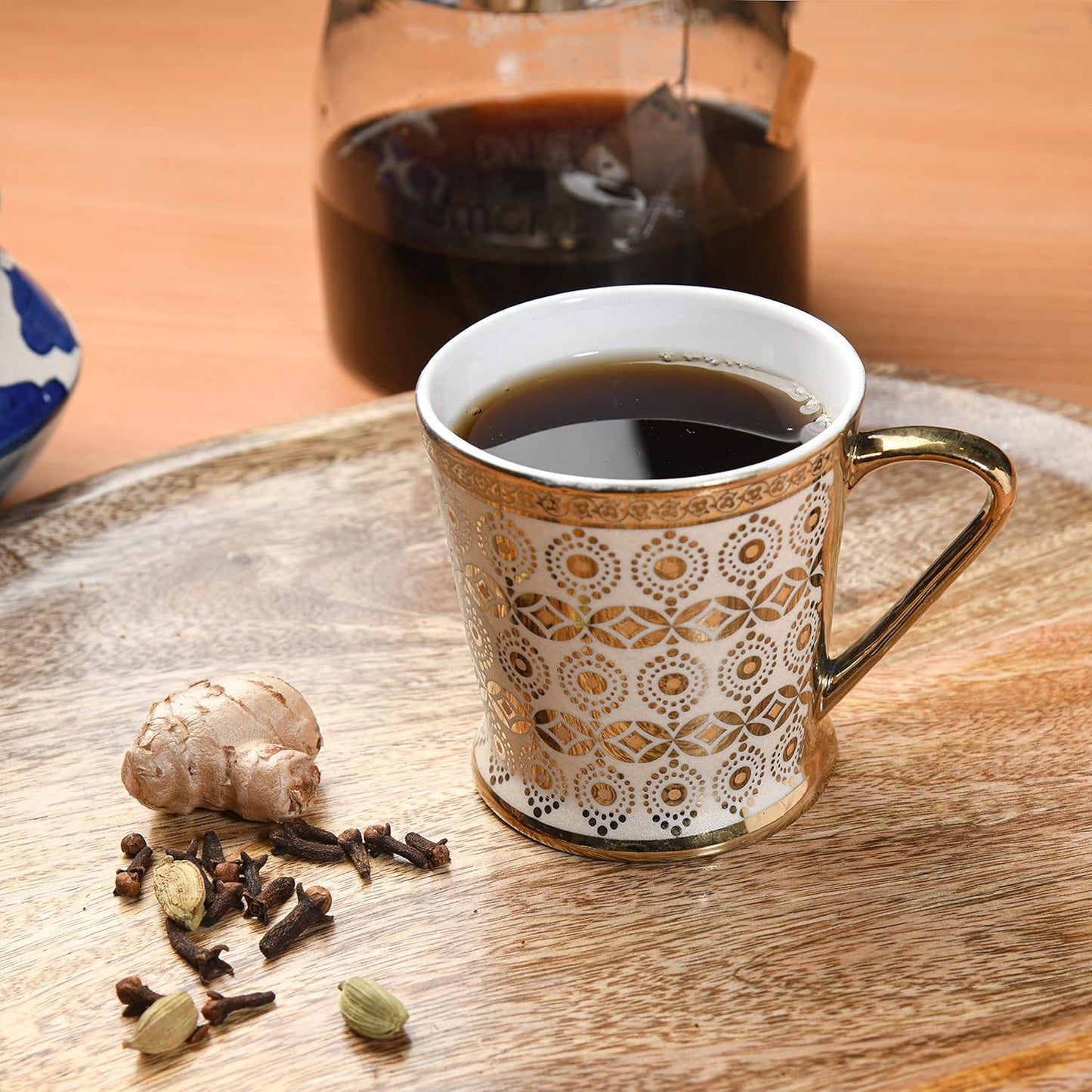 Handcrafted Ceramic Coffee Mugs Indian Golden Tea Cups Set of 6 (6 oz), Cappuccino Cups, Coffee Cups, White Tea Cup Set, British Coffee Cups, Porcelain Tea Set, Latte Cups, Espresso Mug.