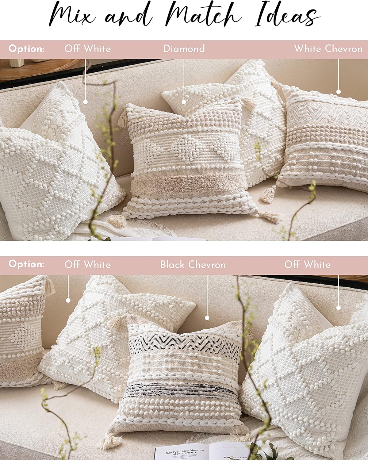 BlissBlush Pure White Decorative Throw Pillow Cover 22X22, Boho Accent Pillow for Couch, Square Modern Farmhouse Pillowcase for Living Room Couch Sofa Cushion Home Décor (Pack of 1)