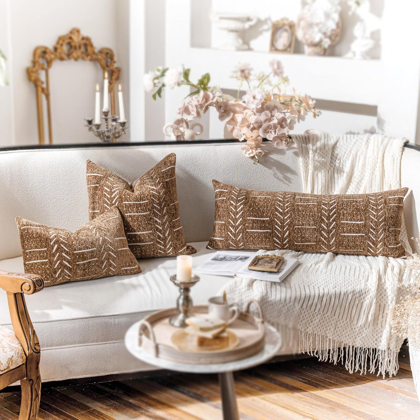 BlissBlush Fall Brown Decorative Throw Pillow Covers 22X22, Set of 2, Boho Farmhouse Cushion Cover, Cozy Soft Accent Pillowcase for Couch Sofa Bed Living Room Home Décor