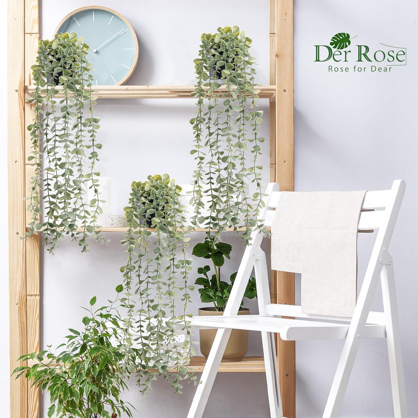 Der Rose 3Pcs Fake Plants Hanging Artificial Decor Faux Potted Eucalyptus Plants for Boho Bathroom Home Office Desk Wall Shelf Bookcase Accessories Decor Indoor