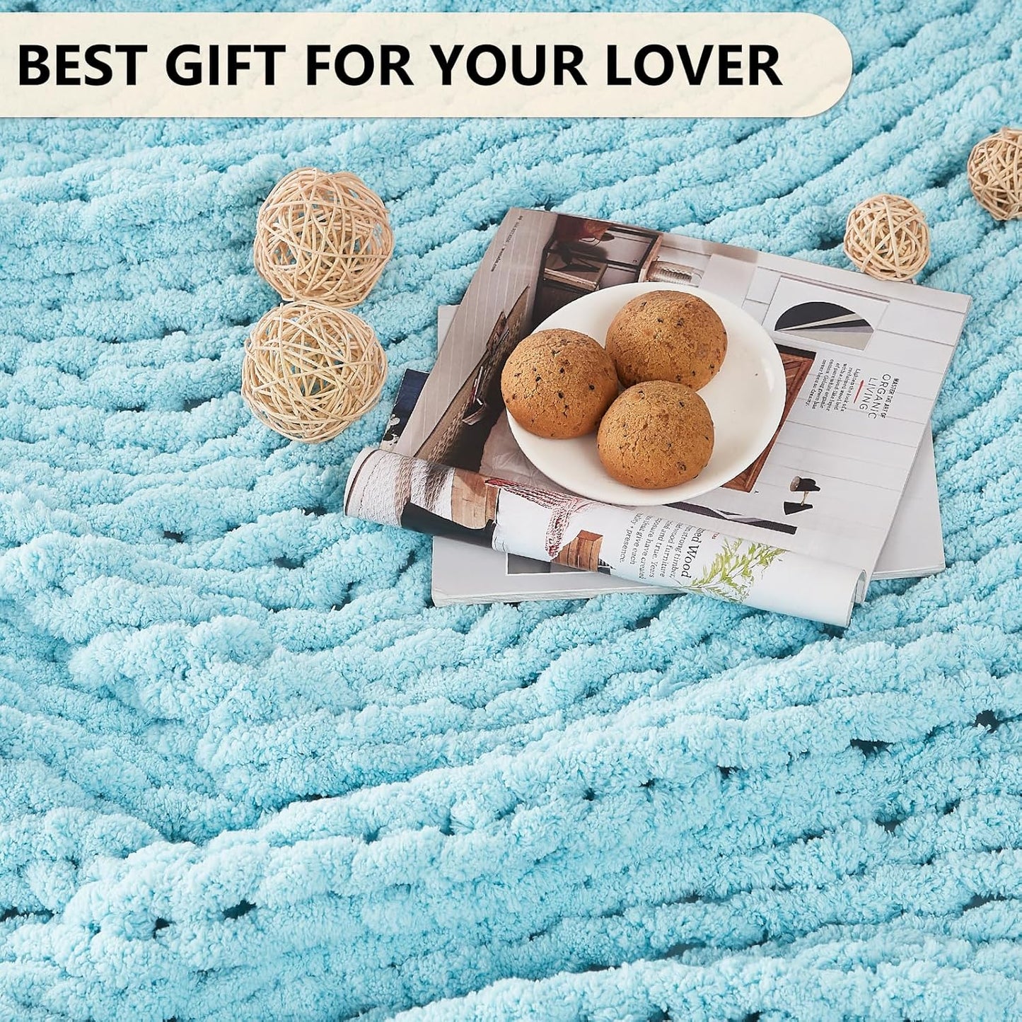 L'AGRATY Chenille Chunky Knit Blanket, Light Blue, 50x60, Heavyweight Throw Blanket for Home Decor