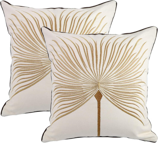 Embroidery Throw Pillow Covers 18x18 Home Decor Fine Thread Dandelion Flower Pillow Cover for Couch Bedroom Chair 100% Cotton Canvas Floral Cushion Cover 45x45cm, Beige Pack of 2