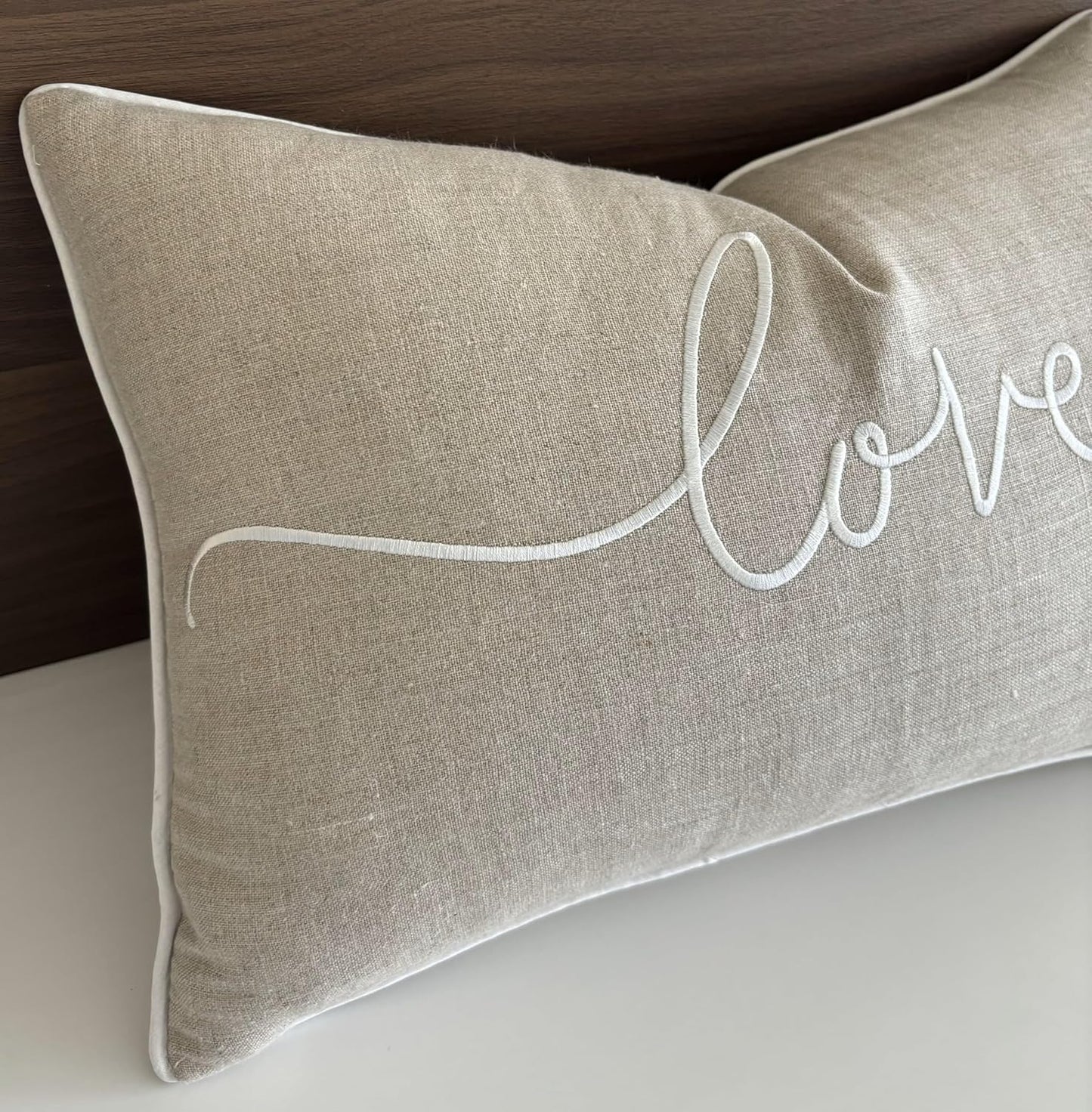 Love Sentiment Embroidered Lumbar Accent Throw Pillow Cover - Newlyweds, Bedroom Decor, Sofa - 12x18, Natural