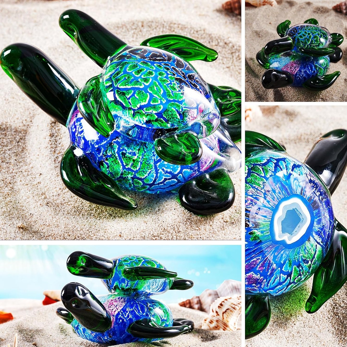 EUSTUMA Hand Blown Glass Sea Turtle with Babies Figurines,Sea Animal Ornament for Home Decor,Sea Animals Collection for Birthday Gift,Glass Tortoise Sculpture