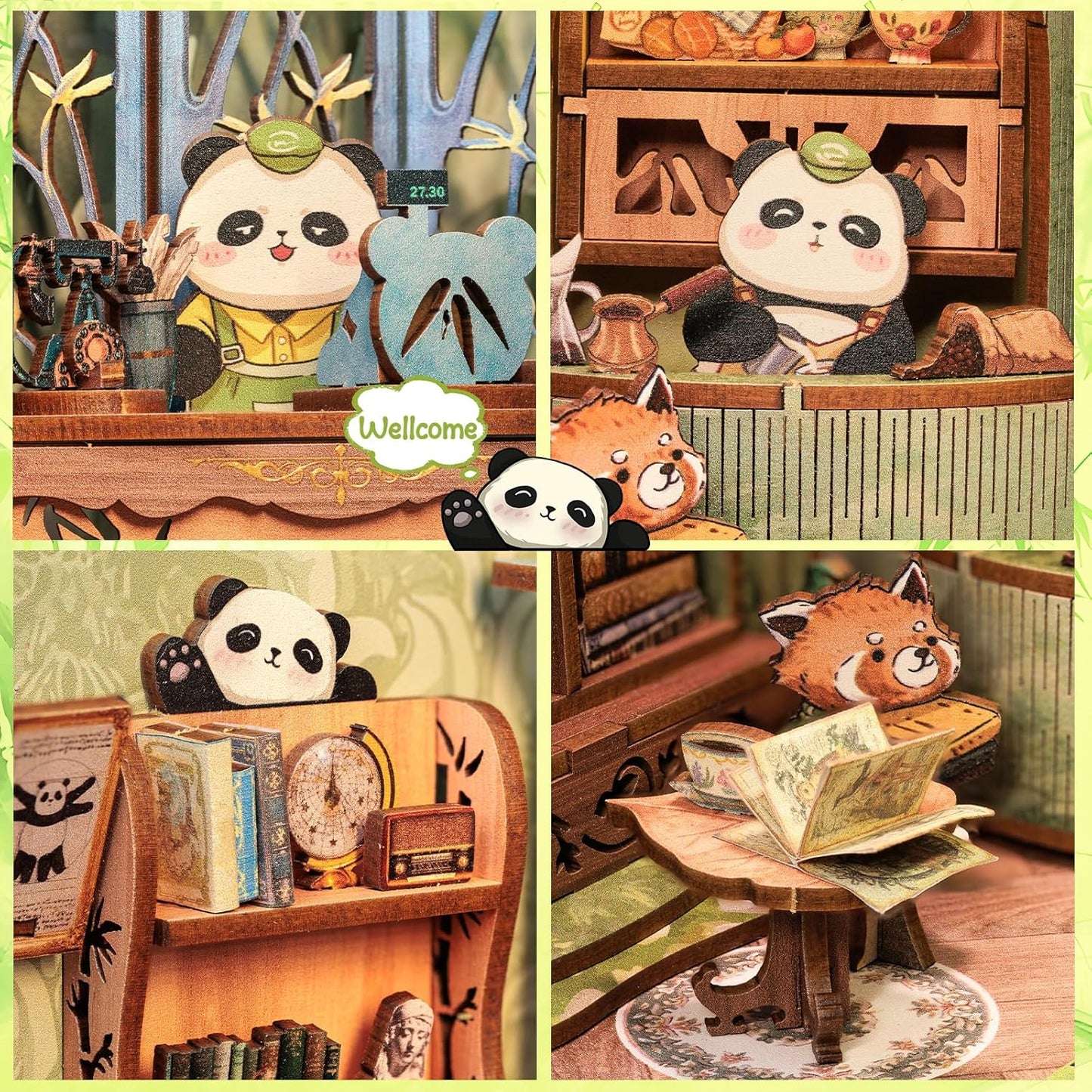 Cutefun DIY Book Nook Kit - Dollhouse Bookend Tiny House for Adults, 3D Wooden Puzzle DIY Miniature House Kit for Bookshelf Insert Decoration, Gifts for Friends and Family（Panda Bookshop）