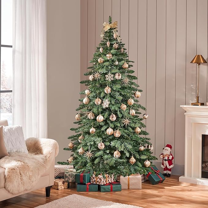 Yaheetech 7.5ft Pre-Lit Christmas Fir Tree with 550 Warm LED Lights & 1278 PVC Tips,Hinged Holiday Decorative Tree with Foldable Stand & Protective Foot Caps,Green