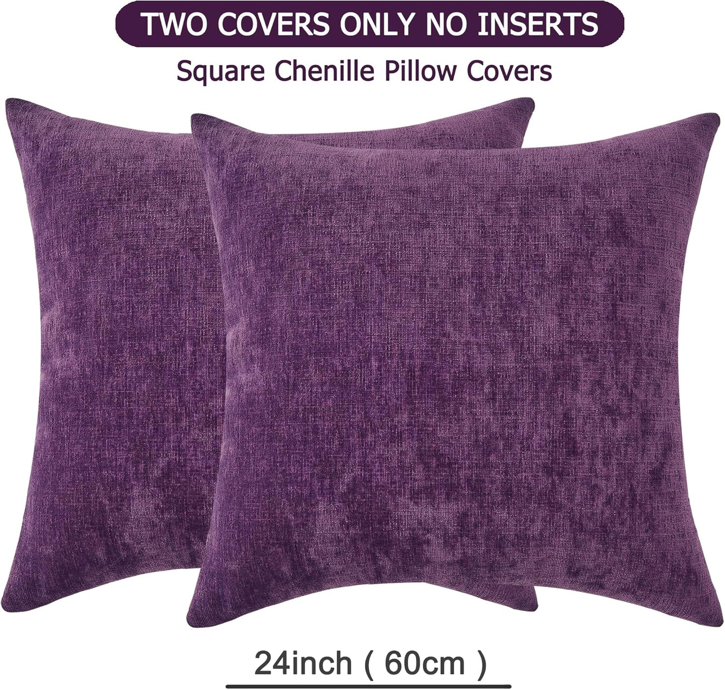 GAWAMAY Decorative Chenille Throw Pillow Covers 24x24 Inch Pack of 2, Soft Square Couch Pillow Cover for Sofa Cushion Living Room Bedroom Solid Dyed Pillowcases Purple 60x60cm (ONLY Covers)