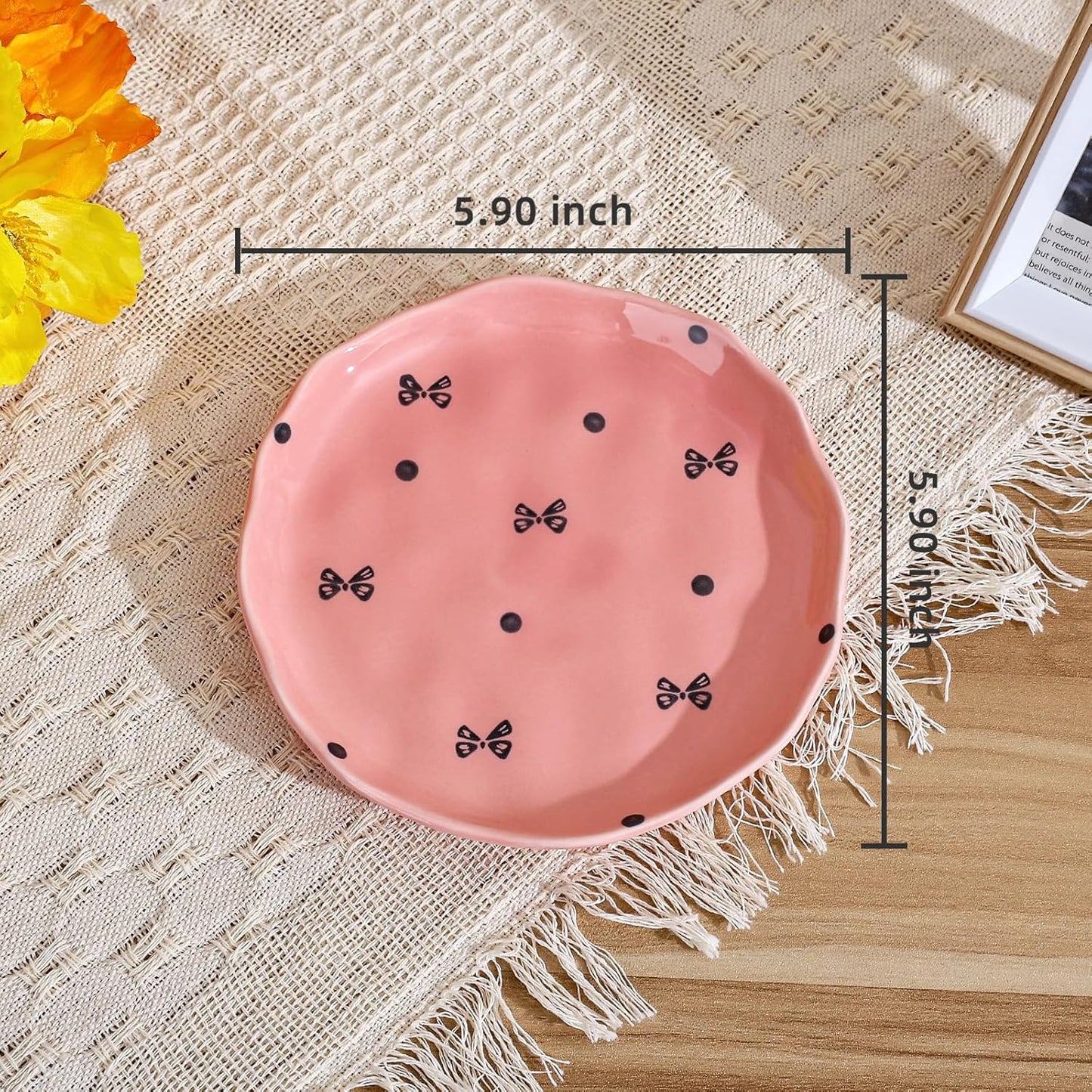 Koythin Ceramic Dessert Plates, Cute Fruits Dinner Plate, Creative Plates Design, Printed Flowers Dinnerware for Office and Home, Kitchen Plates for Desserts (Pink Small Bow)