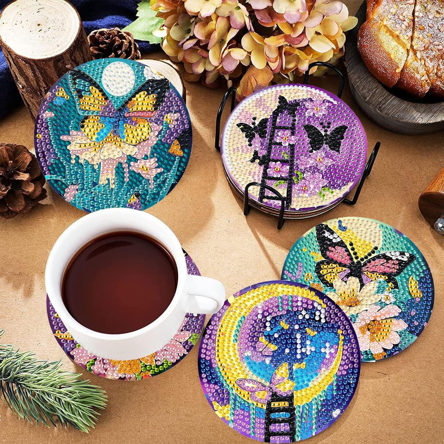 DOTSOPS 6 Pcs Diamond Art Kits for Adults - Diamond Art Coasters with Holder for Adults Beginners Diamond Craft for Christmas Birthday(Butterfly Moon)