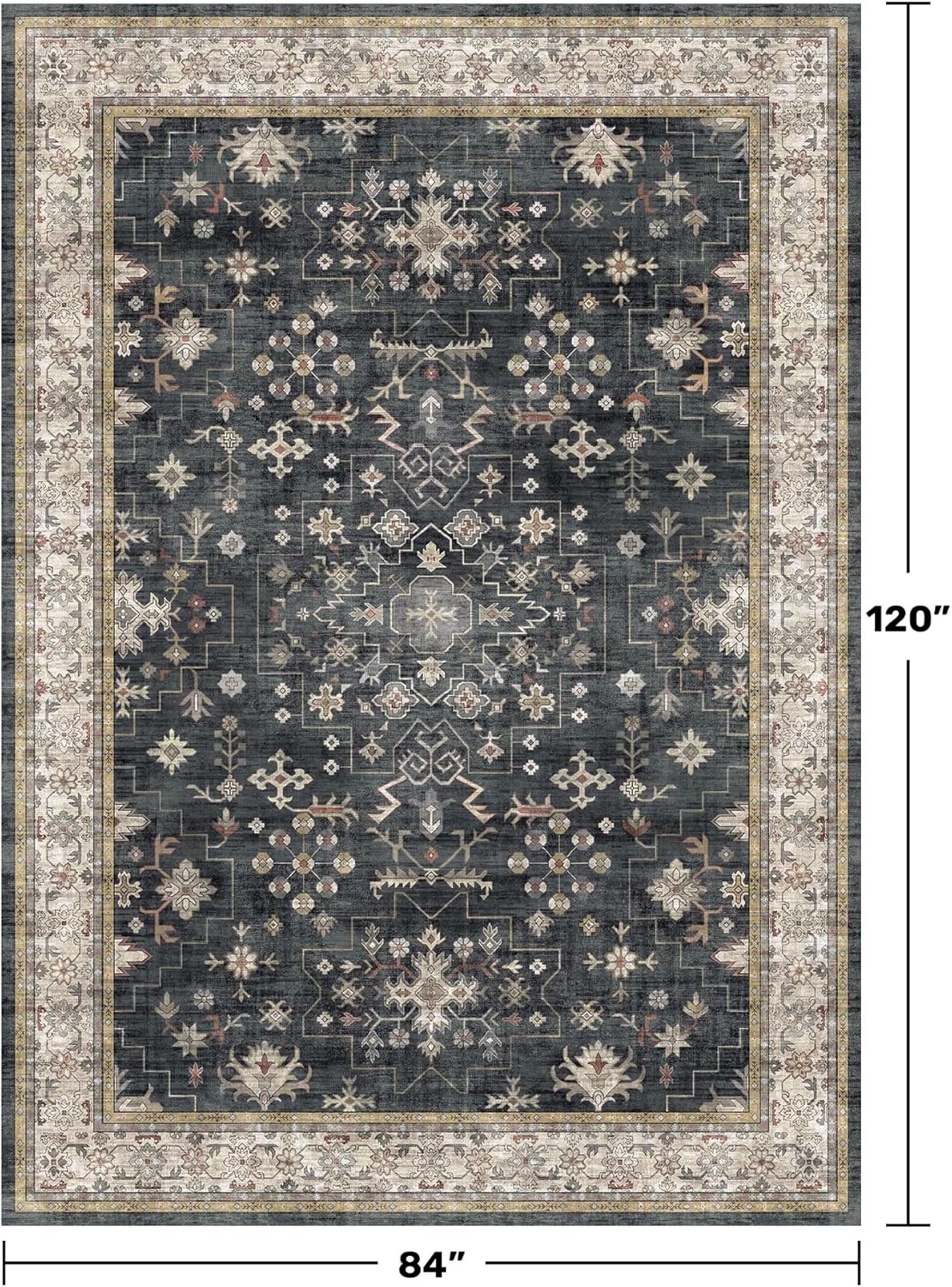 Black Farmhouse Washable 7x10 Area Rugs for Living Room, Bedroom, Dining Room Table, Dark Charcoal Stain Resistant Non-Slip Large Washable