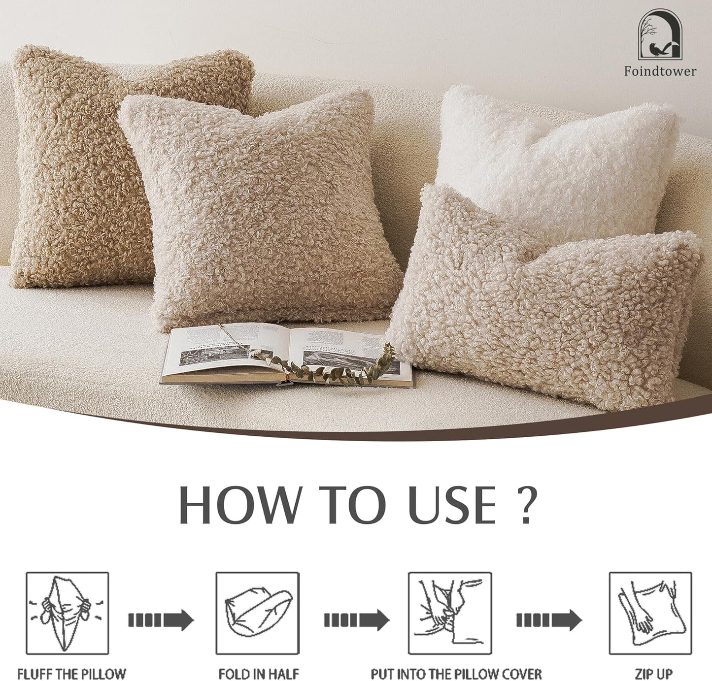 Foindtower 2 Pieces 20x20 Inch Light Khaki, Faux Fur Throw Pillow Cover Accent Sherpa Pillow Fuzzy Soft Pillowcases Sheepskin Decorative Fleece Cushion Case for Bed Couch Living Room