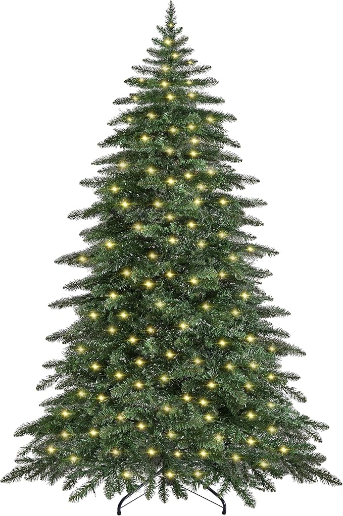 Yaheetech 6ft Pre-Lit Christmas Fir Tree with 400 Warm LED Lights & 940 PVC Tips,Hinged Holiday Decorative Tree with Foldable Stand & Protective Foot Caps,Green