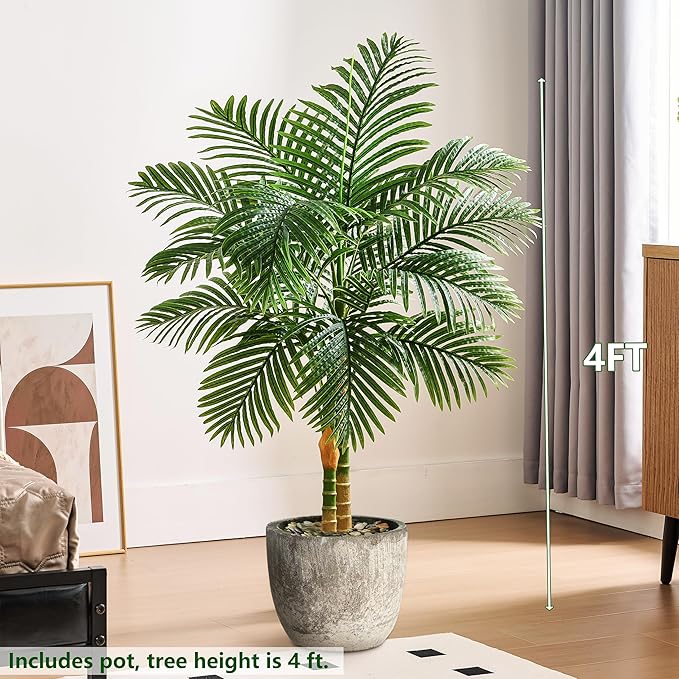 2PCS Artificial Palm Tree Indoor Plant 4FT Tall Fake Tropical Palm Tree in Pot with Real Bark Design Faux Areca Palm Tree for Home Office Living Room Bedroom Farmhouse Outdoor Decor (Black, 4FT-2PCs)