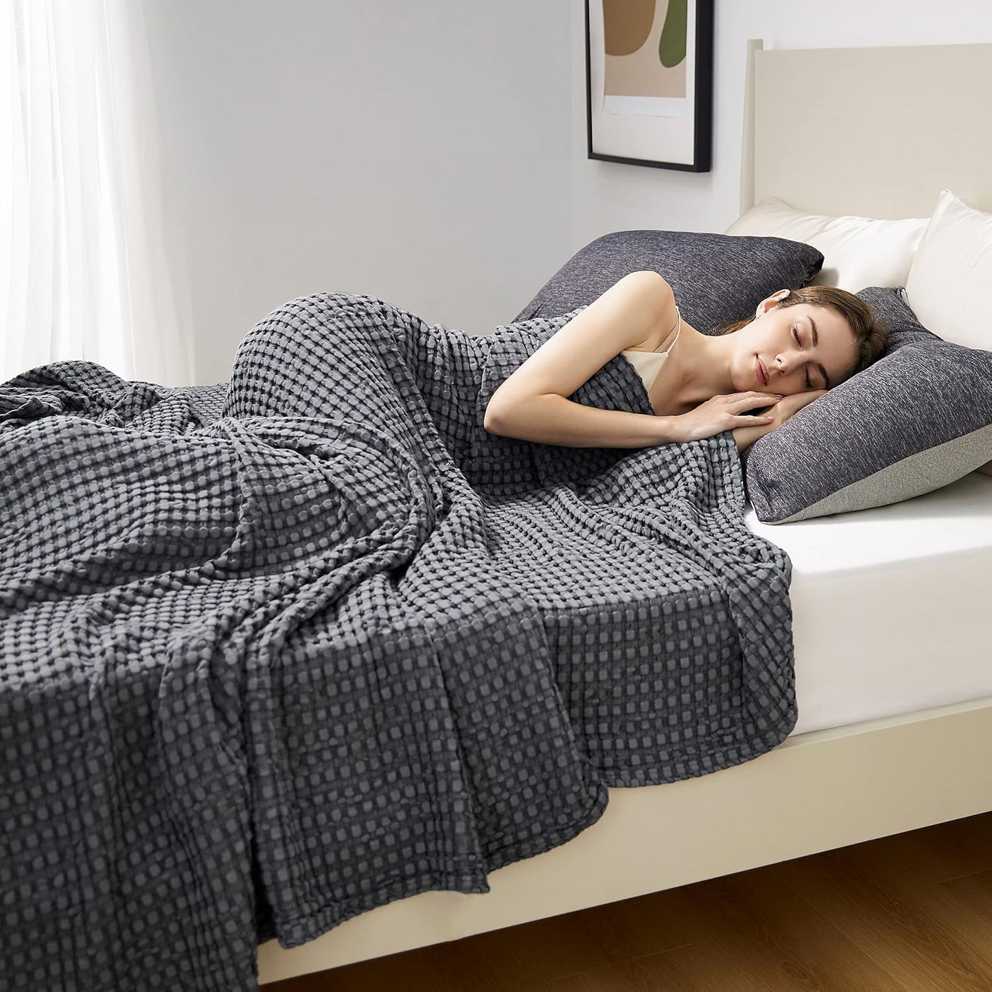 Bedsure Cooling Cotton Waffle Queen Size Blanket - Lightweight Breathable Summer Blanket of Rayon Derived from Bamboo for Hot Sleepers, Luxury Throws for Bed, Couch and Sofa, Dark Grey, 90x90 Inches