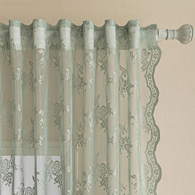 MEETSKY Boho Lace Curtains 45 Inch Length 2 Panels Set Vintage French Sheer Kitchen Curtains for Small Windows Back Tab Rod Pocket Transparent Light Filtering Drapes, 50" W Each Panel, Sage Green