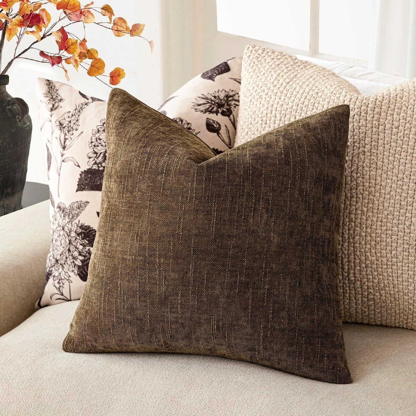 Foindtower Pack of 2 Soft Textured Chenille Throw Decorative Pillow Covers Square Accent Solid Cushion Cover Neutral Farmhouse Pillow Case for Couch Sofa Bedroom Living Room 22x22 Inch,Taupe Brown